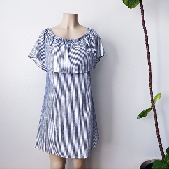 J.crew Striped Blue & White Off shoulder Dress boho Beachy Leisure relaxed Fit - Picture 2 of 9